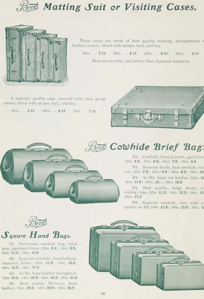 An illustration from Boots leather goods, fancy, silver, toilet, and bound book depts. Season 1910-11, 1910, leaf 86