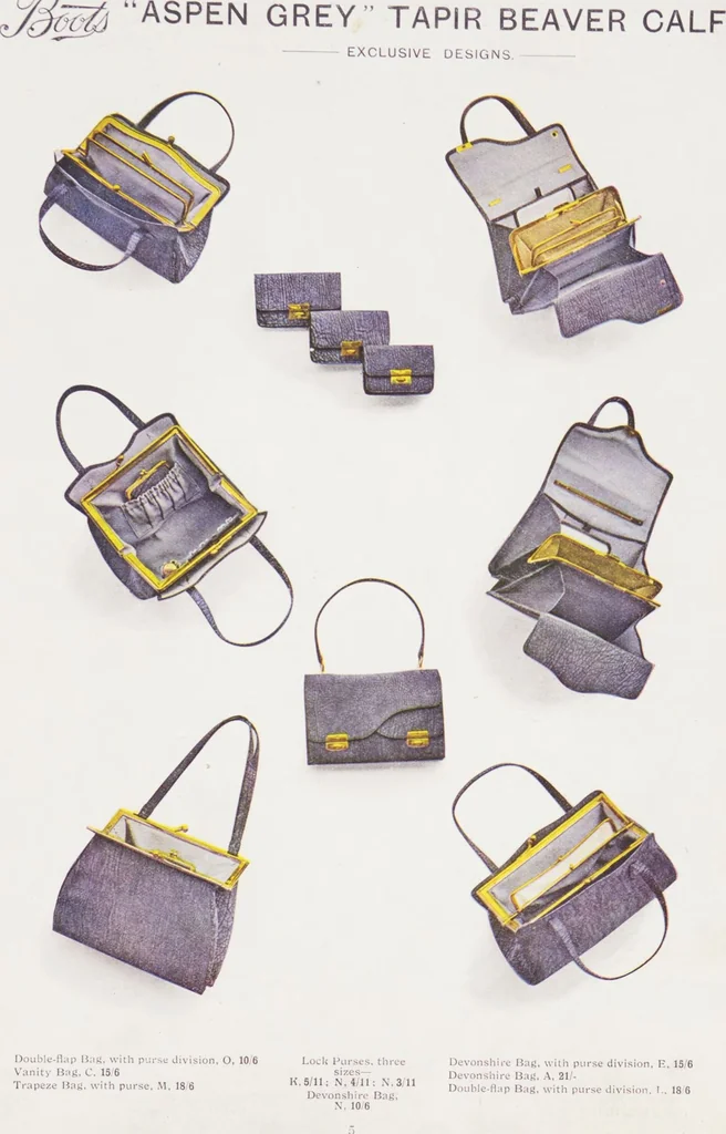 An illustration from Boots leather goods, fancy, silver, toilet, and bound book depts. Season 1910-11, 1910, leaf 9