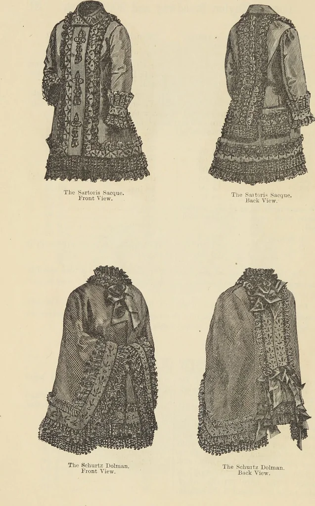 An illustration from Catalogue and price list of ladies', misses & boys' suits, cloaks, shawls, underwear, corsets, mourning goods, shoes, silks, laces ..., 1877, leaf 22