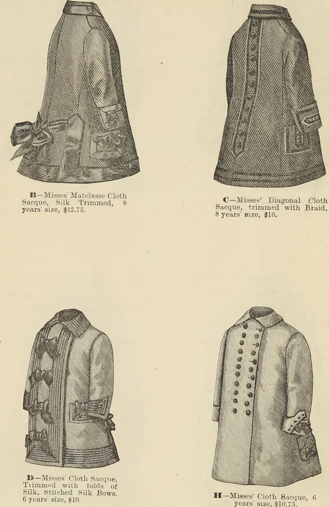 An illustration from Catalogue and price list of ladies', misses & boys' suits, cloaks, shawls, underwear, corsets, mourning goods, shoes, silks, laces ..., 1877, leaf 24