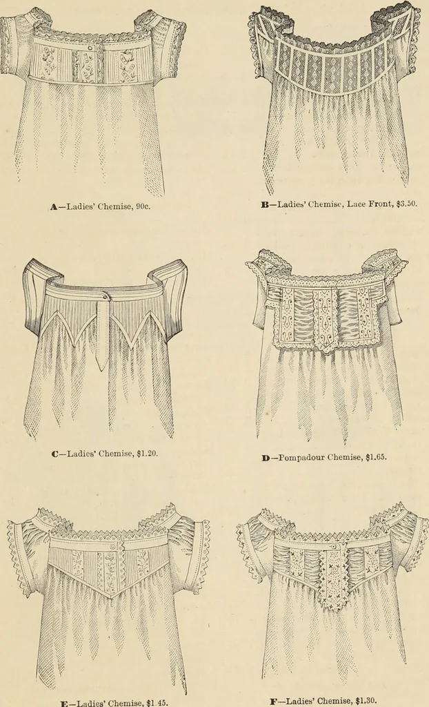 An illustration from Catalogue and price list of ladies', misses & boys' suits, cloaks, shawls, underwear, corsets, mourning goods, shoes, silks, laces ..., 1877, leaf 33