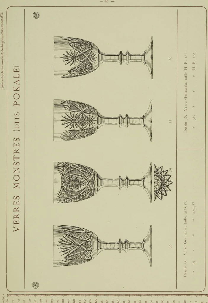 An illustration from Album : verres a vin du Rhin (Roemers), verres monstres (dits pokale) : 1905 / Cristalleries du Val St. Lambert, Belgique, 1905, leaf 53