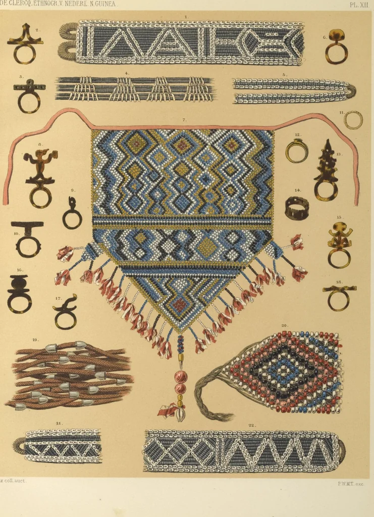 An illustration from Ethnographische beschrijving van de west- en noord-kust van Nederlandsch Nieuw-Guinea / door F.S.A. de Clercq met medewerking van J.D.E. Schmeltz ... Met bijvoeging eener schets der ethnographie van Duitsch en Britsch Nieuw-Guinea. Met 42 platen en 51 tekstillustraties, 1893, leaf 350