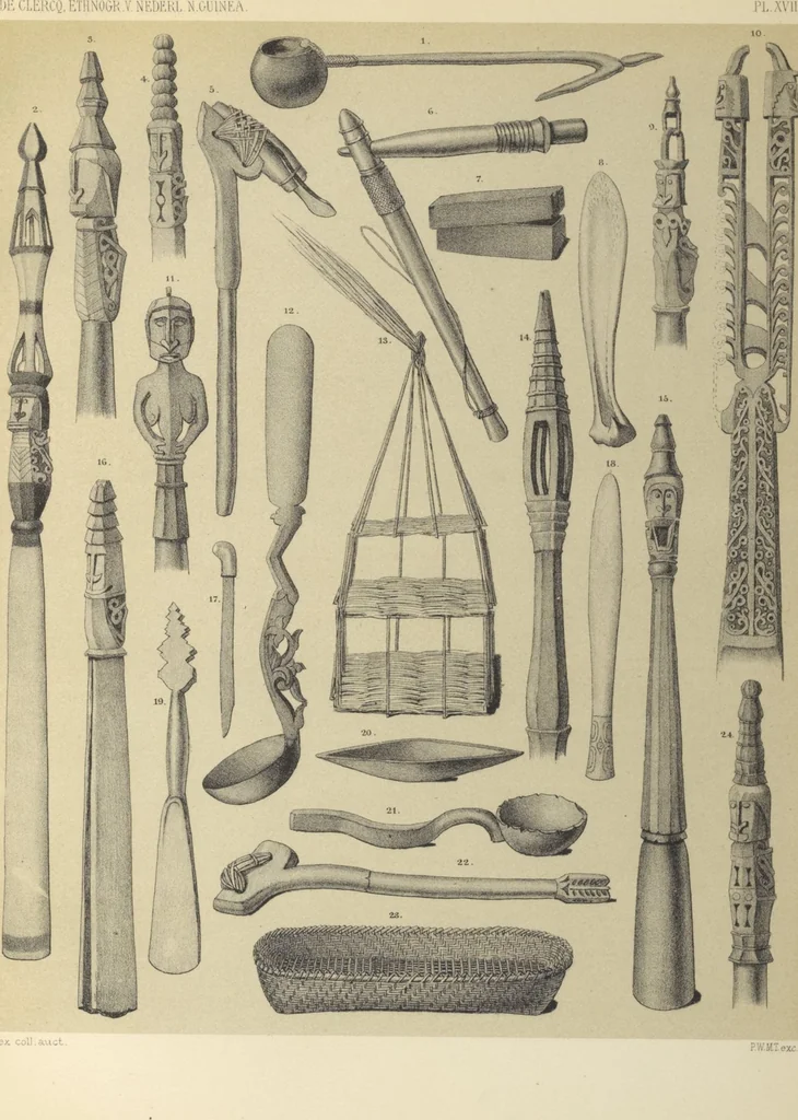 An illustration from Ethnographische beschrijving van de west- en noord-kust van Nederlandsch Nieuw-Guinea / door F.S.A. de Clercq met medewerking van J.D.E. Schmeltz ... Met bijvoeging eener schets der ethnographie van Duitsch en Britsch Nieuw-Guinea. Met 42 platen en 51 tekstillustraties, 1893, leaf 360