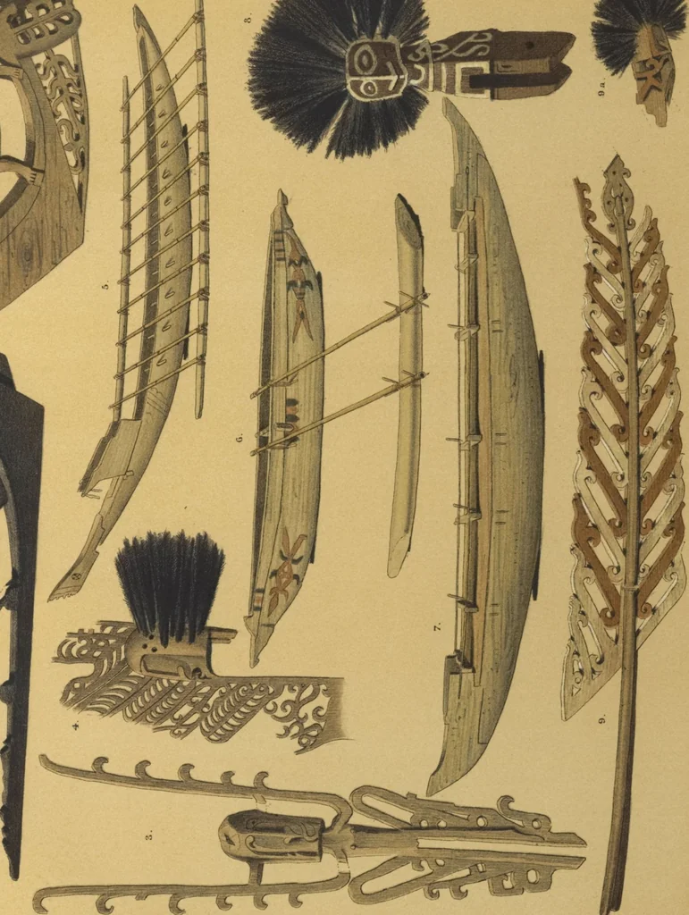 An illustration from Ethnographische beschrijving van de west- en noord-kust van Nederlandsch Nieuw-Guinea / door F.S.A. de Clercq met medewerking van J.D.E. Schmeltz ... Met bijvoeging eener schets der ethnographie van Duitsch en Britsch Nieuw-Guinea. Met 42 platen en 51 tekstillustraties, 1893, leaf 374