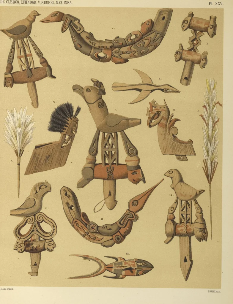 An illustration from Ethnographische beschrijving van de west- en noord-kust van Nederlandsch Nieuw-Guinea / door F.S.A. de Clercq met medewerking van J.D.E. Schmeltz ... Met bijvoeging eener schets der ethnographie van Duitsch en Britsch Nieuw-Guinea. Met 42 platen en 51 tekstillustraties, 1893, leaf 376