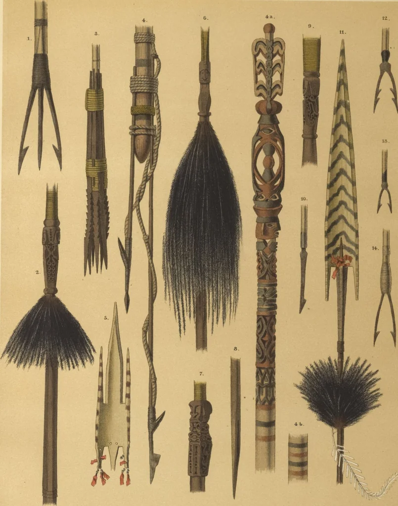 An illustration from Ethnographische beschrijving van de west- en noord-kust van Nederlandsch Nieuw-Guinea / door F.S.A. de Clercq met medewerking van J.D.E. Schmeltz ... Met bijvoeging eener schets der ethnographie van Duitsch en Britsch Nieuw-Guinea. Met 42 platen en 51 tekstillustraties, 1893, leaf 380
