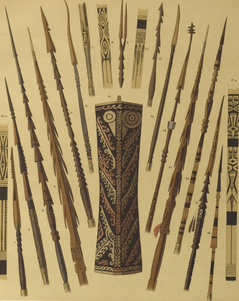 An illustration from Ethnographische beschrijving van de west- en noord-kust van Nederlandsch Nieuw-Guinea / door F.S.A. de Clercq met medewerking van J.D.E. Schmeltz ... Met bijvoeging eener schets der ethnographie van Duitsch en Britsch Nieuw-Guinea. Met 42 platen en 51 tekstillustraties, 1893, leaf 382