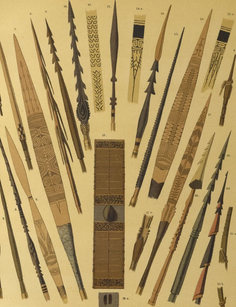 An illustration from Ethnographische beschrijving van de west- en noord-kust van Nederlandsch Nieuw-Guinea / door F.S.A. de Clercq met medewerking van J.D.E. Schmeltz ... Met bijvoeging eener schets der ethnographie van Duitsch en Britsch Nieuw-Guinea. Met 42 platen en 51 tekstillustraties, 1893, leaf 384