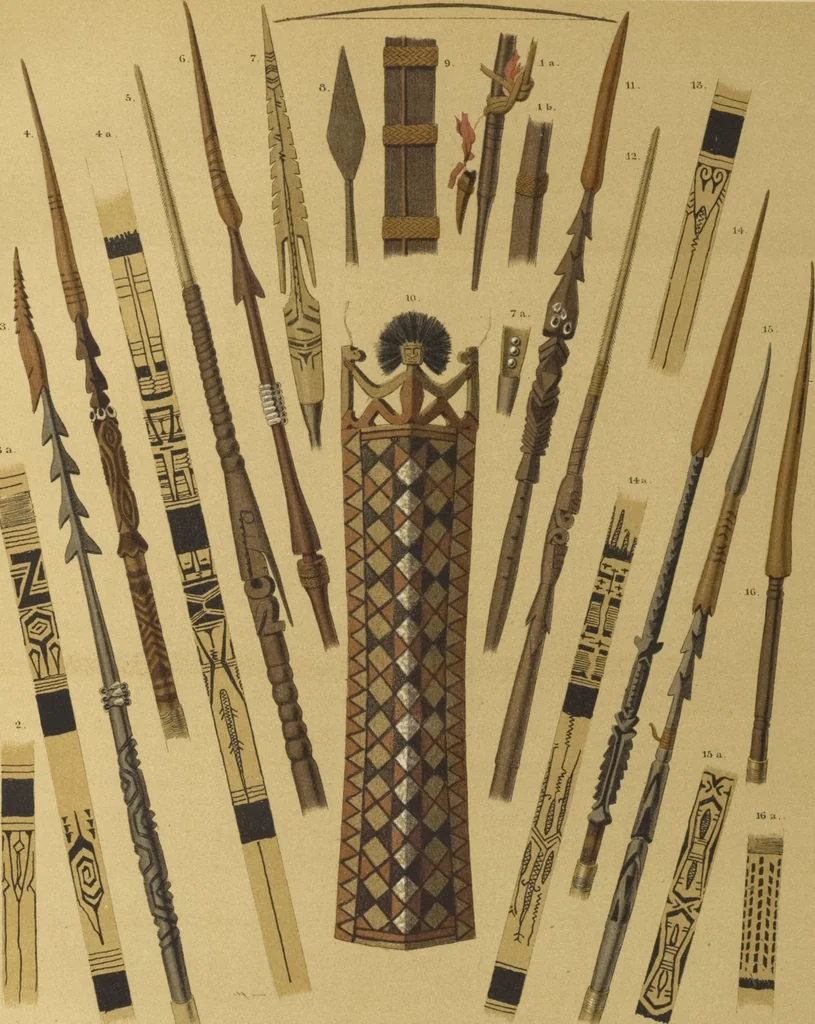 An illustration from Ethnographische beschrijving van de west- en noord-kust van Nederlandsch Nieuw-Guinea / door F.S.A. de Clercq met medewerking van J.D.E. Schmeltz ... Met bijvoeging eener schets der ethnographie van Duitsch en Britsch Nieuw-Guinea. Met 42 platen en 51 tekstillustraties, 1893, leaf 386
