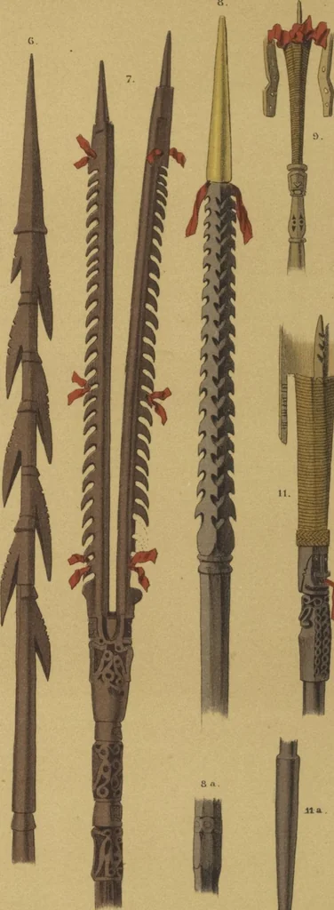 An illustration from Ethnographische beschrijving van de west- en noord-kust van Nederlandsch Nieuw-Guinea / door F.S.A. de Clercq met medewerking van J.D.E. Schmeltz ... Met bijvoeging eener schets der ethnographie van Duitsch en Britsch Nieuw-Guinea. Met 42 platen en 51 tekstillustraties, 1893, leaf 390
