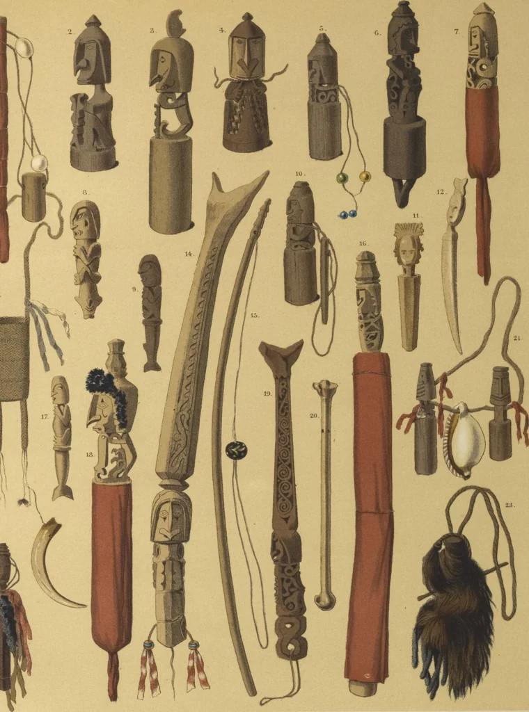 An illustration from Ethnographische beschrijving van de west- en noord-kust van Nederlandsch Nieuw-Guinea / door F.S.A. de Clercq met medewerking van J.D.E. Schmeltz ... Met bijvoeging eener schets der ethnographie van Duitsch en Britsch Nieuw-Guinea. Met 42 platen en 51 tekstillustraties, 1893, leaf 402