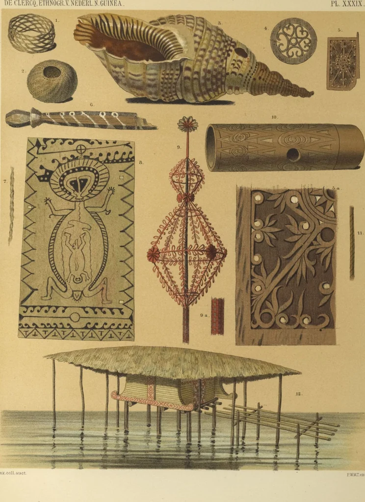 An illustration from Ethnographische beschrijving van de west- en noord-kust van Nederlandsch Nieuw-Guinea / door F.S.A. de Clercq met medewerking van J.D.E. Schmeltz ... Met bijvoeging eener schets der ethnographie van Duitsch en Britsch Nieuw-Guinea. Met 42 platen en 51 tekstillustraties, 1893, leaf 404
