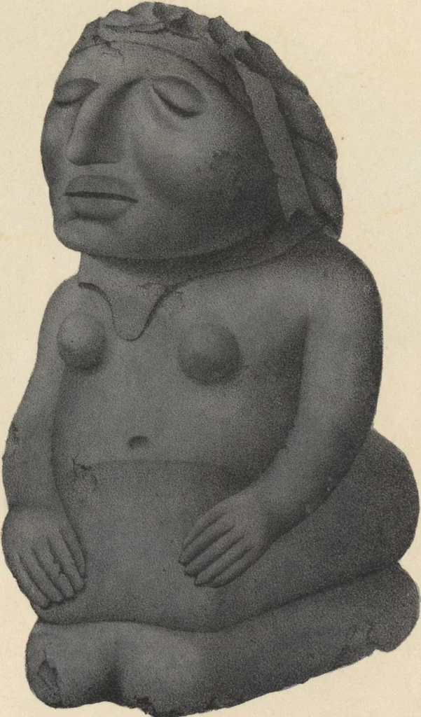 An illustration from Antiquités mexicaines : relation des trois expéditions du capitaine Dupaix, ordonnées en 1805, 1806, et 1807, pour la recherche des antiquités du pays, notamment celles de Mitla et de Palenque : [atlas] / accompagnée des dessins de Castañeda et d'une carte du pays exploré ; suivie d'un parallèle de ces monuments avec ceux de l'Égypte, de l'Indostan, et du reste de l'ancien monde, par M. Alexandre Lenoir, d'une dissertation sur l'origine de l'ancienne population des deux Amériques et sur les diverses antiquités de ce continent, par M. Warden, avec un discours préliminaire par M. Charles Farcy, et des notes explicatives, et autres documents, par MM. Baradère, de St. Priest, et plusieurs voyageurs que ont parcouru l'Amérique, 1834, leaf 100