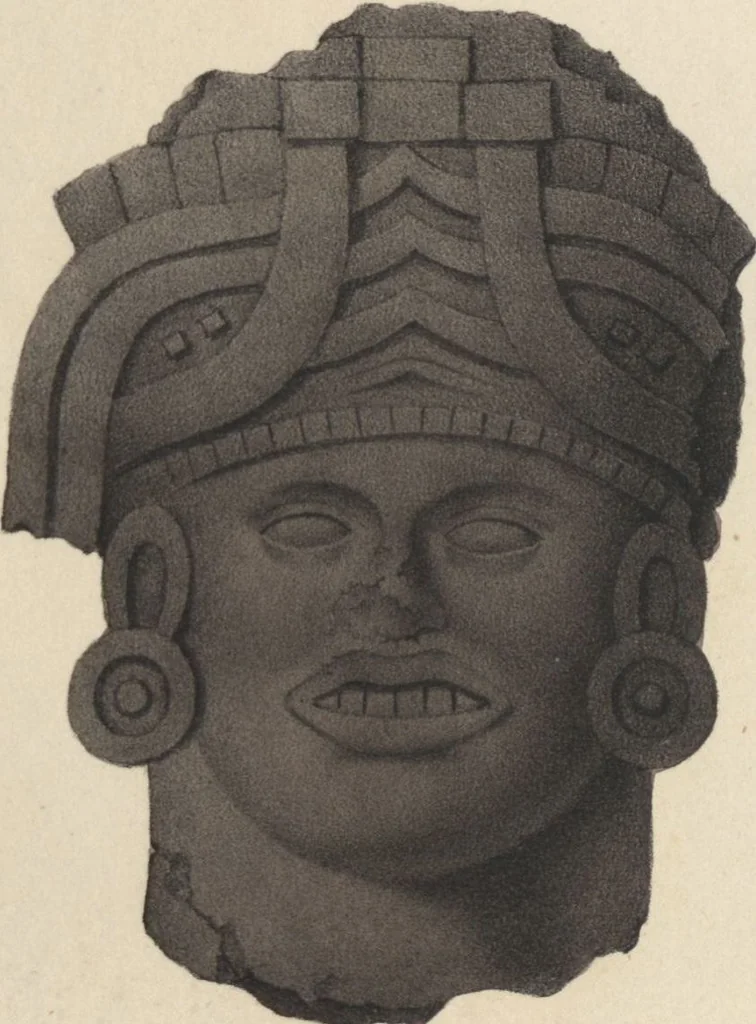 An illustration from Antiquités mexicaines : relation des trois expéditions du capitaine Dupaix, ordonnées en 1805, 1806, et 1807, pour la recherche des antiquités du pays, notamment celles de Mitla et de Palenque : [atlas] / accompagnée des dessins de Castañeda et d'une carte du pays exploré ; suivie d'un parallèle de ces monuments avec ceux de l'Égypte, de l'Indostan, et du reste de l'ancien monde, par M. Alexandre Lenoir, d'une dissertation sur l'origine de l'ancienne population des deux Amériques et sur les diverses antiquités de ce continent, par M. Warden, avec un discours préliminaire par M. Charles Farcy, et des notes explicatives, et autres documents, par MM. Baradère, de St. Priest, et plusieurs voyageurs que ont parcouru l'Amérique, 1834, leaf 102