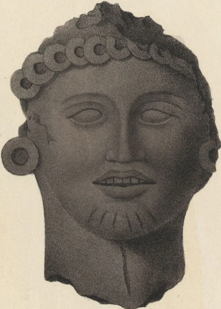 An illustration from Antiquités mexicaines : relation des trois expéditions du capitaine Dupaix, ordonnées en 1805, 1806, et 1807, pour la recherche des antiquités du pays, notamment celles de Mitla et de Palenque : [atlas] / accompagnée des dessins de Castañeda et d'une carte du pays exploré ; suivie d'un parallèle de ces monuments avec ceux de l'Égypte, de l'Indostan, et du reste de l'ancien monde, par M. Alexandre Lenoir, d'une dissertation sur l'origine de l'ancienne population des deux Amériques et sur les diverses antiquités de ce continent, par M. Warden, avec un discours préliminaire par M. Charles Farcy, et des notes explicatives, et autres documents, par MM. Baradère, de St. Priest, et plusieurs voyageurs que ont parcouru l'Amérique, 1834, leaf 102