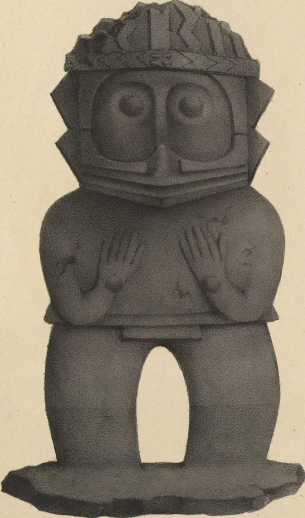 An illustration from Antiquités mexicaines : relation des trois expéditions du capitaine Dupaix, ordonnées en 1805, 1806, et 1807, pour la recherche des antiquités du pays, notamment celles de Mitla et de Palenque : [atlas] / accompagnée des dessins de Castañeda et d'une carte du pays exploré ; suivie d'un parallèle de ces monuments avec ceux de l'Égypte, de l'Indostan, et du reste de l'ancien monde, par M. Alexandre Lenoir, d'une dissertation sur l'origine de l'ancienne population des deux Amériques et sur les diverses antiquités de ce continent, par M. Warden, avec un discours préliminaire par M. Charles Farcy, et des notes explicatives, et autres documents, par MM. Baradère, de St. Priest, et plusieurs voyageurs que ont parcouru l'Amérique, 1834, leaf 103