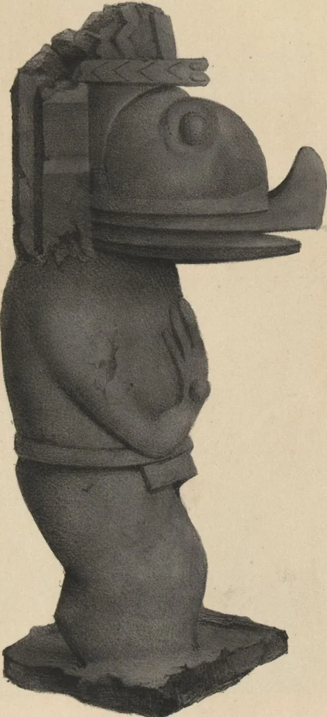 An illustration from Antiquités mexicaines : relation des trois expéditions du capitaine Dupaix, ordonnées en 1805, 1806, et 1807, pour la recherche des antiquités du pays, notamment celles de Mitla et de Palenque : [atlas] / accompagnée des dessins de Castañeda et d'une carte du pays exploré ; suivie d'un parallèle de ces monuments avec ceux de l'Égypte, de l'Indostan, et du reste de l'ancien monde, par M. Alexandre Lenoir, d'une dissertation sur l'origine de l'ancienne population des deux Amériques et sur les diverses antiquités de ce continent, par M. Warden, avec un discours préliminaire par M. Charles Farcy, et des notes explicatives, et autres documents, par MM. Baradère, de St. Priest, et plusieurs voyageurs que ont parcouru l'Amérique, 1834, leaf 103