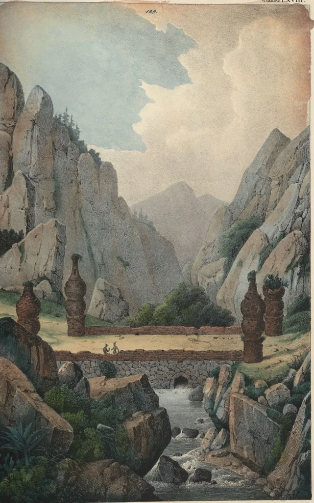 An illustration from Antiquités mexicaines : relation des trois expéditions du capitaine Dupaix, ordonnées en 1805, 1806, et 1807, pour la recherche des antiquités du pays, notamment celles de Mitla et de Palenque : [atlas] / accompagnée des dessins de Castañeda et d'une carte du pays exploré ; suivie d'un parallèle de ces monuments avec ceux de l'Égypte, de l'Indostan, et du reste de l'ancien monde, par M. Alexandre Lenoir, d'une dissertation sur l'origine de l'ancienne population des deux Amériques et sur les diverses antiquités de ce continent, par M. Warden, avec un discours préliminaire par M. Charles Farcy, et des notes explicatives, et autres documents, par MM. Baradère, de St. Priest, et plusieurs voyageurs que ont parcouru l'Amérique, 1834, leaf 104