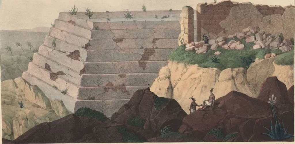 An illustration from Antiquités mexicaines : relation des trois expéditions du capitaine Dupaix, ordonnées en 1805, 1806, et 1807, pour la recherche des antiquités du pays, notamment celles de Mitla et de Palenque : [atlas] / accompagnée des dessins de Castañeda et d'une carte du pays exploré ; suivie d'un parallèle de ces monuments avec ceux de l'Égypte, de l'Indostan, et du reste de l'ancien monde, par M. Alexandre Lenoir, d'une dissertation sur l'origine de l'ancienne population des deux Amériques et sur les diverses antiquités de ce continent, par M. Warden, avec un discours préliminaire par M. Charles Farcy, et des notes explicatives, et autres documents, par MM. Baradère, de St. Priest, et plusieurs voyageurs que ont parcouru l'Amérique, 1834, leaf 108