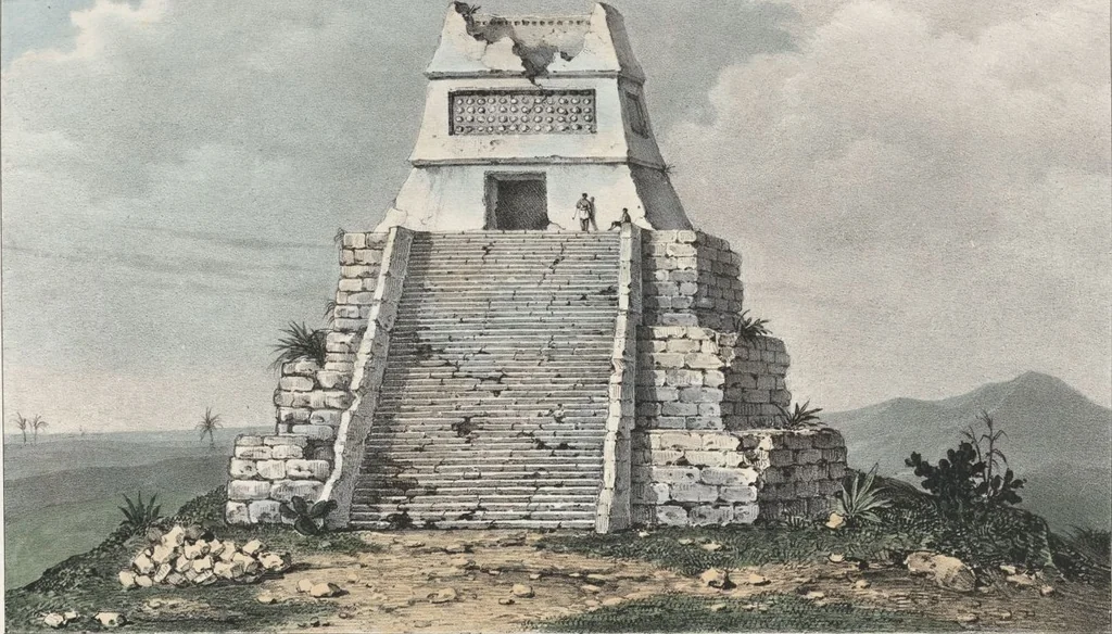 An illustration from Antiquités mexicaines : relation des trois expéditions du capitaine Dupaix, ordonnées en 1805, 1806, et 1807, pour la recherche des antiquités du pays, notamment celles de Mitla et de Palenque : [atlas] / accompagnée des dessins de Castañeda et d'une carte du pays exploré ; suivie d'un parallèle de ces monuments avec ceux de l'Égypte, de l'Indostan, et du reste de l'ancien monde, par M. Alexandre Lenoir, d'une dissertation sur l'origine de l'ancienne population des deux Amériques et sur les diverses antiquités de ce continent, par M. Warden, avec un discours préliminaire par M. Charles Farcy, et des notes explicatives, et autres documents, par MM. Baradère, de St. Priest, et plusieurs voyageurs que ont parcouru l'Amérique, 1834, leaf 11