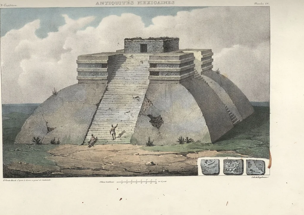 An illustration from Antiquités mexicaines : relation des trois expéditions du capitaine Dupaix, ordonnées en 1805, 1806, et 1807, pour la recherche des antiquités du pays, notamment celles de Mitla et de Palenque : [atlas] / accompagnée des dessins de Castañeda et d'une carte du pays exploré ; suivie d'un parallèle de ces monuments avec ceux de l'Égypte, de l'Indostan, et du reste de l'ancien monde, par M. Alexandre Lenoir, d'une dissertation sur l'origine de l'ancienne population des deux Amériques et sur les diverses antiquités de ce continent, par M. Warden, avec un discours préliminaire par M. Charles Farcy, et des notes explicatives, et autres documents, par MM. Baradère, de St. Priest, et plusieurs voyageurs que ont parcouru l'Amérique, 1834, leaf 111