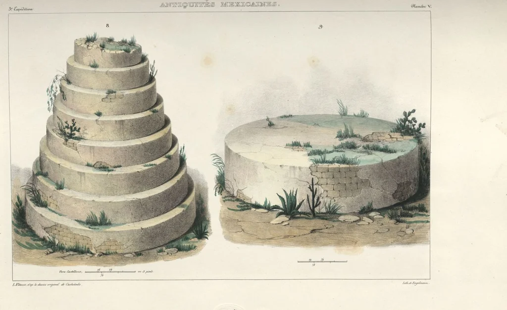 An illustration from Antiquités mexicaines : relation des trois expéditions du capitaine Dupaix, ordonnées en 1805, 1806, et 1807, pour la recherche des antiquités du pays, notamment celles de Mitla et de Palenque : [atlas] / accompagnée des dessins de Castañeda et d'une carte du pays exploré ; suivie d'un parallèle de ces monuments avec ceux de l'Égypte, de l'Indostan, et du reste de l'ancien monde, par M. Alexandre Lenoir, d'une dissertation sur l'origine de l'ancienne population des deux Amériques et sur les diverses antiquités de ce continent, par M. Warden, avec un discours préliminaire par M. Charles Farcy, et des notes explicatives, et autres documents, par MM. Baradère, de St. Priest, et plusieurs voyageurs que ont parcouru l'Amérique, 1834, leaf 112