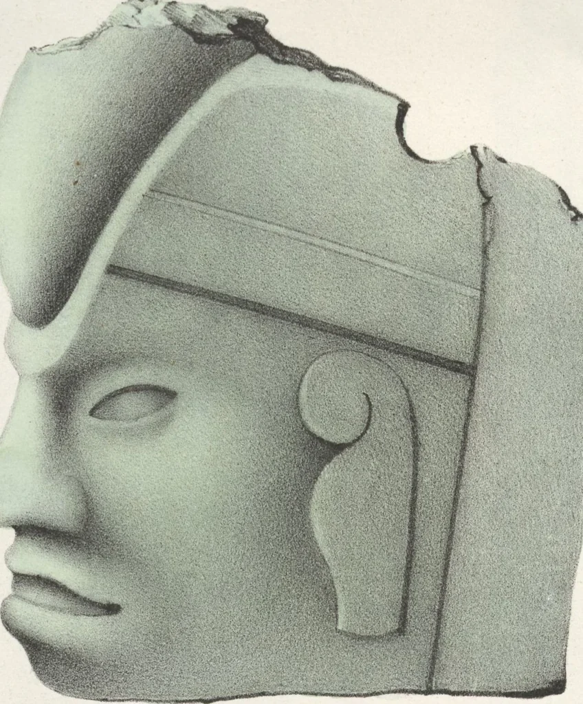 An illustration from Antiquités mexicaines : relation des trois expéditions du capitaine Dupaix, ordonnées en 1805, 1806, et 1807, pour la recherche des antiquités du pays, notamment celles de Mitla et de Palenque : [atlas] / accompagnée des dessins de Castañeda et d'une carte du pays exploré ; suivie d'un parallèle de ces monuments avec ceux de l'Égypte, de l'Indostan, et du reste de l'ancien monde, par M. Alexandre Lenoir, d'une dissertation sur l'origine de l'ancienne population des deux Amériques et sur les diverses antiquités de ce continent, par M. Warden, avec un discours préliminaire par M. Charles Farcy, et des notes explicatives, et autres documents, par MM. Baradère, de St. Priest, et plusieurs voyageurs que ont parcouru l'Amérique, 1834, leaf 114