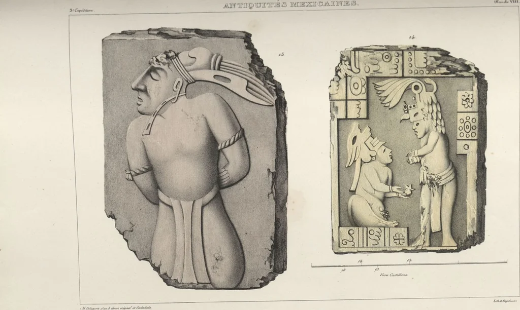 An illustration from Antiquités mexicaines : relation des trois expéditions du capitaine Dupaix, ordonnées en 1805, 1806, et 1807, pour la recherche des antiquités du pays, notamment celles de Mitla et de Palenque : [atlas] / accompagnée des dessins de Castañeda et d'une carte du pays exploré ; suivie d'un parallèle de ces monuments avec ceux de l'Égypte, de l'Indostan, et du reste de l'ancien monde, par M. Alexandre Lenoir, d'une dissertation sur l'origine de l'ancienne population des deux Amériques et sur les diverses antiquités de ce continent, par M. Warden, avec un discours préliminaire par M. Charles Farcy, et des notes explicatives, et autres documents, par MM. Baradère, de St. Priest, et plusieurs voyageurs que ont parcouru l'Amérique, 1834, leaf 115