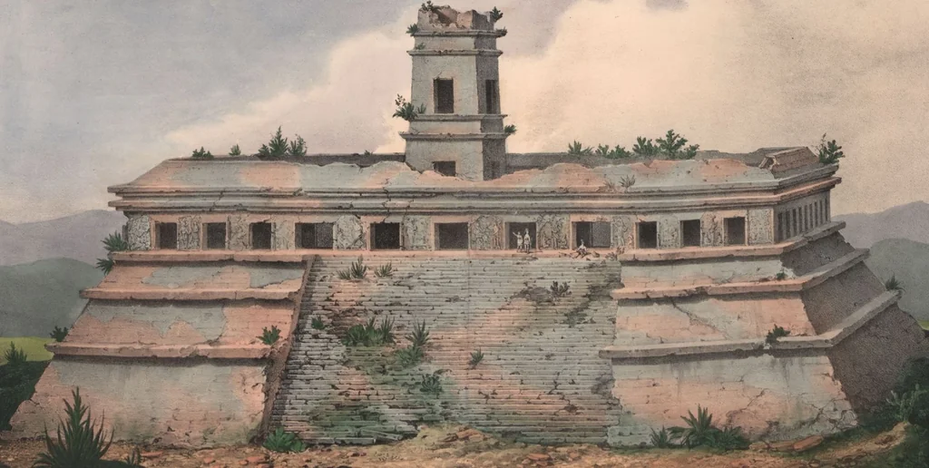 An illustration from Antiquités mexicaines : relation des trois expéditions du capitaine Dupaix, ordonnées en 1805, 1806, et 1807, pour la recherche des antiquités du pays, notamment celles de Mitla et de Palenque : [atlas] / accompagnée des dessins de Castañeda et d'une carte du pays exploré ; suivie d'un parallèle de ces monuments avec ceux de l'Égypte, de l'Indostan, et du reste de l'ancien monde, par M. Alexandre Lenoir, d'une dissertation sur l'origine de l'ancienne population des deux Amériques et sur les diverses antiquités de ce continent, par M. Warden, avec un discours préliminaire par M. Charles Farcy, et des notes explicatives, et autres documents, par MM. Baradère, de St. Priest, et plusieurs voyageurs que ont parcouru l'Amérique, 1834, leaf 119