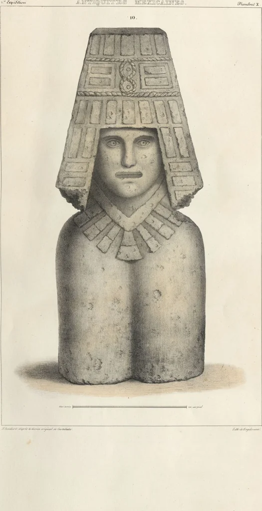 An illustration from Antiquités mexicaines : relation des trois expéditions du capitaine Dupaix, ordonnées en 1805, 1806, et 1807, pour la recherche des antiquités du pays, notamment celles de Mitla et de Palenque : [atlas] / accompagnée des dessins de Castañeda et d'une carte du pays exploré ; suivie d'un parallèle de ces monuments avec ceux de l'Égypte, de l'Indostan, et du reste de l'ancien monde, par M. Alexandre Lenoir, d'une dissertation sur l'origine de l'ancienne population des deux Amériques et sur les diverses antiquités de ce continent, par M. Warden, avec un discours préliminaire par M. Charles Farcy, et des notes explicatives, et autres documents, par MM. Baradère, de St. Priest, et plusieurs voyageurs que ont parcouru l'Amérique, 1834, leaf 12