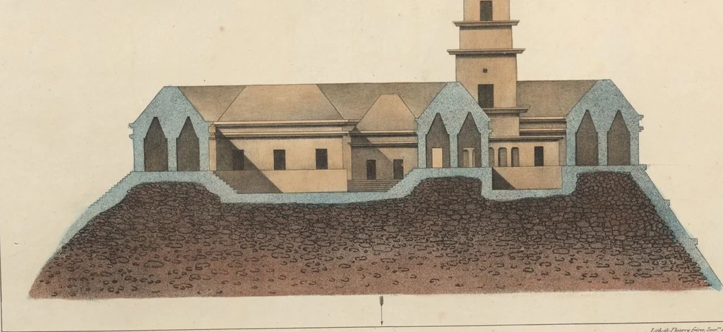 An illustration from Antiquités mexicaines : relation des trois expéditions du capitaine Dupaix, ordonnées en 1805, 1806, et 1807, pour la recherche des antiquités du pays, notamment celles de Mitla et de Palenque : [atlas] / accompagnée des dessins de Castañeda et d'une carte du pays exploré ; suivie d'un parallèle de ces monuments avec ceux de l'Égypte, de l'Indostan, et du reste de l'ancien monde, par M. Alexandre Lenoir, d'une dissertation sur l'origine de l'ancienne population des deux Amériques et sur les diverses antiquités de ce continent, par M. Warden, avec un discours préliminaire par M. Charles Farcy, et des notes explicatives, et autres documents, par MM. Baradère, de St. Priest, et plusieurs voyageurs que ont parcouru l'Amérique, 1834, leaf 120