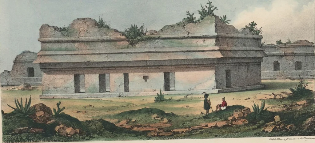 An illustration from Antiquités mexicaines : relation des trois expéditions du capitaine Dupaix, ordonnées en 1805, 1806, et 1807, pour la recherche des antiquités du pays, notamment celles de Mitla et de Palenque : [atlas] / accompagnée des dessins de Castañeda et d'une carte du pays exploré ; suivie d'un parallèle de ces monuments avec ceux de l'Égypte, de l'Indostan, et du reste de l'ancien monde, par M. Alexandre Lenoir, d'une dissertation sur l'origine de l'ancienne population des deux Amériques et sur les diverses antiquités de ce continent, par M. Warden, avec un discours préliminaire par M. Charles Farcy, et des notes explicatives, et autres documents, par MM. Baradère, de St. Priest, et plusieurs voyageurs que ont parcouru l'Amérique, 1834, leaf 121