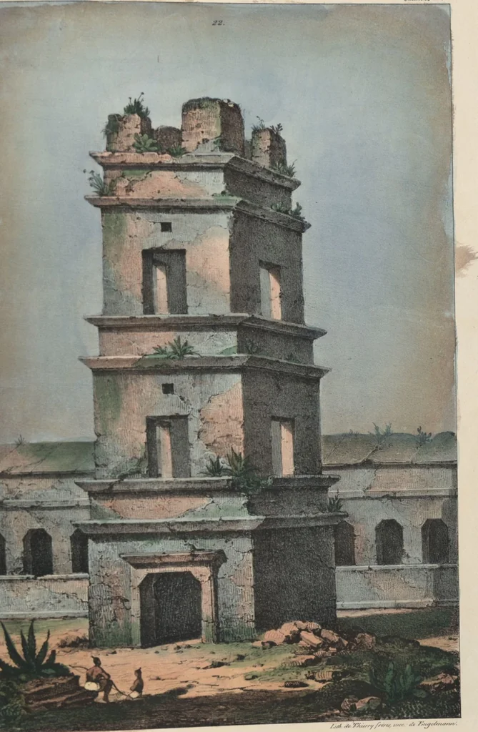An illustration from Antiquités mexicaines : relation des trois expéditions du capitaine Dupaix, ordonnées en 1805, 1806, et 1807, pour la recherche des antiquités du pays, notamment celles de Mitla et de Palenque : [atlas] / accompagnée des dessins de Castañeda et d'une carte du pays exploré ; suivie d'un parallèle de ces monuments avec ceux de l'Égypte, de l'Indostan, et du reste de l'ancien monde, par M. Alexandre Lenoir, d'une dissertation sur l'origine de l'ancienne population des deux Amériques et sur les diverses antiquités de ce continent, par M. Warden, avec un discours préliminaire par M. Charles Farcy, et des notes explicatives, et autres documents, par MM. Baradère, de St. Priest, et plusieurs voyageurs que ont parcouru l'Amérique, 1834, leaf 122