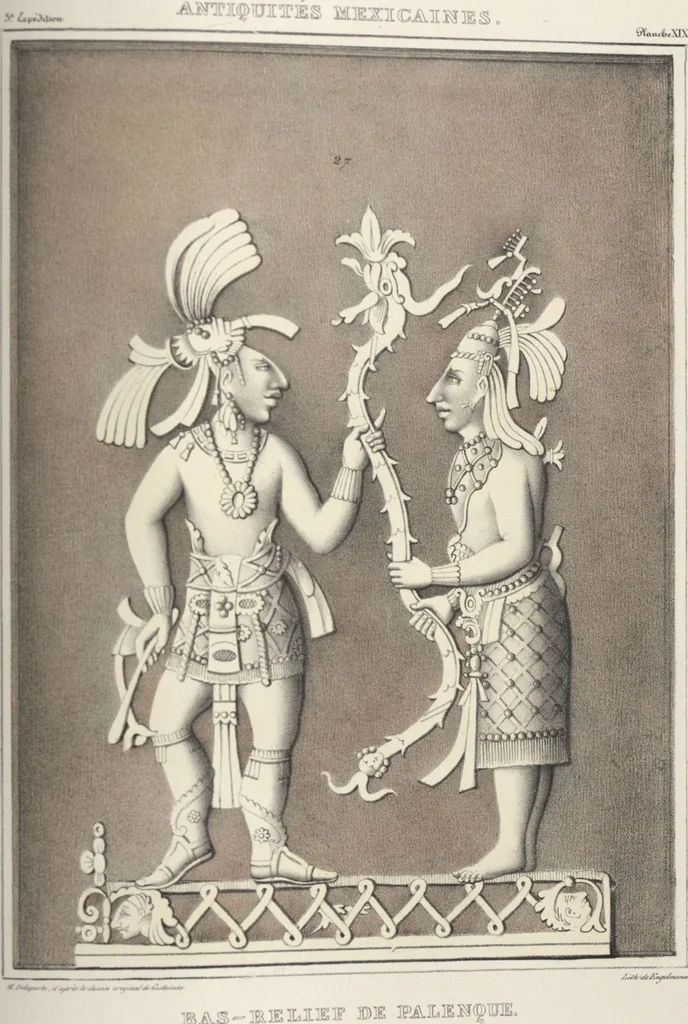 An illustration from Antiquités mexicaines : relation des trois expéditions du capitaine Dupaix, ordonnées en 1805, 1806, et 1807, pour la recherche des antiquités du pays, notamment celles de Mitla et de Palenque : [atlas] / accompagnée des dessins de Castañeda et d'une carte du pays exploré ; suivie d'un parallèle de ces monuments avec ceux de l'Égypte, de l'Indostan, et du reste de l'ancien monde, par M. Alexandre Lenoir, d'une dissertation sur l'origine de l'ancienne population des deux Amériques et sur les diverses antiquités de ce continent, par M. Warden, avec un discours préliminaire par M. Charles Farcy, et des notes explicatives, et autres documents, par MM. Baradère, de St. Priest, et plusieurs voyageurs que ont parcouru l'Amérique, 1834, leaf 126