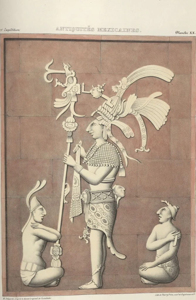 An illustration from Antiquités mexicaines : relation des trois expéditions du capitaine Dupaix, ordonnées en 1805, 1806, et 1807, pour la recherche des antiquités du pays, notamment celles de Mitla et de Palenque : [atlas] / accompagnée des dessins de Castañeda et d'une carte du pays exploré ; suivie d'un parallèle de ces monuments avec ceux de l'Égypte, de l'Indostan, et du reste de l'ancien monde, par M. Alexandre Lenoir, d'une dissertation sur l'origine de l'ancienne population des deux Amériques et sur les diverses antiquités de ce continent, par M. Warden, avec un discours préliminaire par M. Charles Farcy, et des notes explicatives, et autres documents, par MM. Baradère, de St. Priest, et plusieurs voyageurs que ont parcouru l'Amérique, 1834, leaf 127