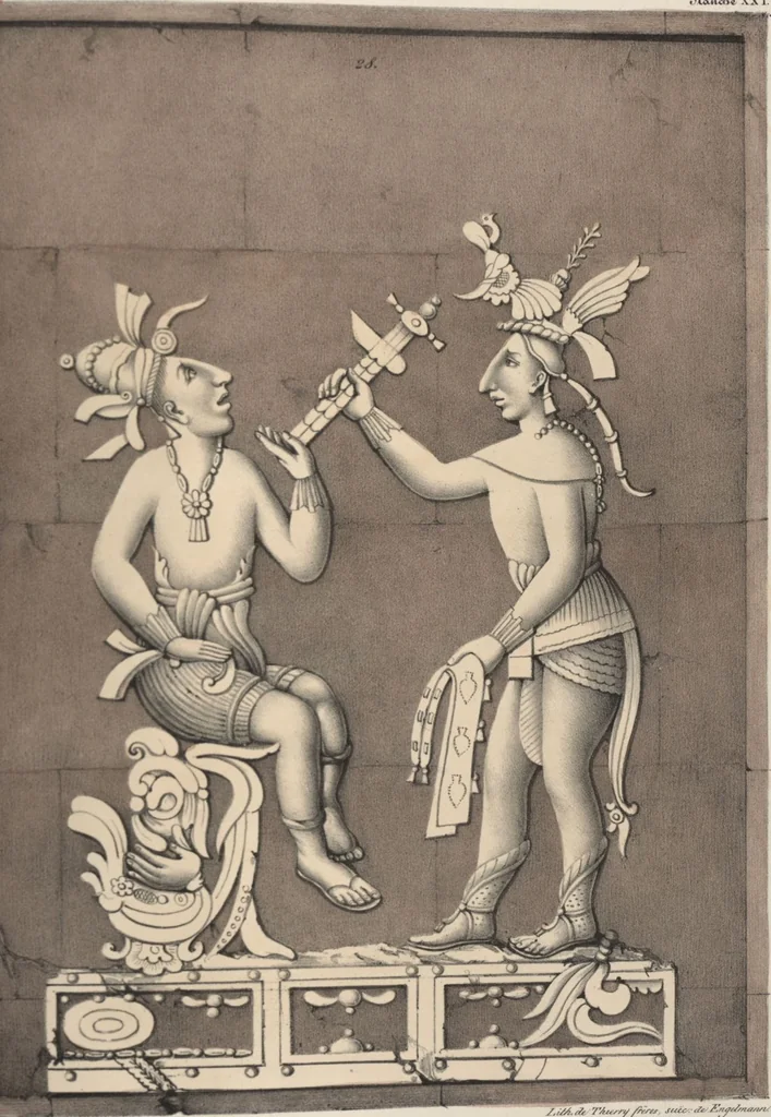 An illustration from Antiquités mexicaines : relation des trois expéditions du capitaine Dupaix, ordonnées en 1805, 1806, et 1807, pour la recherche des antiquités du pays, notamment celles de Mitla et de Palenque : [atlas] / accompagnée des dessins de Castañeda et d'une carte du pays exploré ; suivie d'un parallèle de ces monuments avec ceux de l'Égypte, de l'Indostan, et du reste de l'ancien monde, par M. Alexandre Lenoir, d'une dissertation sur l'origine de l'ancienne population des deux Amériques et sur les diverses antiquités de ce continent, par M. Warden, avec un discours préliminaire par M. Charles Farcy, et des notes explicatives, et autres documents, par MM. Baradère, de St. Priest, et plusieurs voyageurs que ont parcouru l'Amérique, 1834, leaf 128