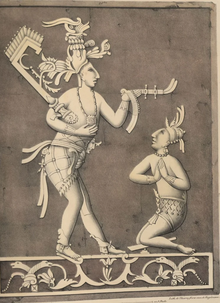 An illustration from Antiquités mexicaines : relation des trois expéditions du capitaine Dupaix, ordonnées en 1805, 1806, et 1807, pour la recherche des antiquités du pays, notamment celles de Mitla et de Palenque : [atlas] / accompagnée des dessins de Castañeda et d'une carte du pays exploré ; suivie d'un parallèle de ces monuments avec ceux de l'Égypte, de l'Indostan, et du reste de l'ancien monde, par M. Alexandre Lenoir, d'une dissertation sur l'origine de l'ancienne population des deux Amériques et sur les diverses antiquités de ce continent, par M. Warden, avec un discours préliminaire par M. Charles Farcy, et des notes explicatives, et autres documents, par MM. Baradère, de St. Priest, et plusieurs voyageurs que ont parcouru l'Amérique, 1834, leaf 129