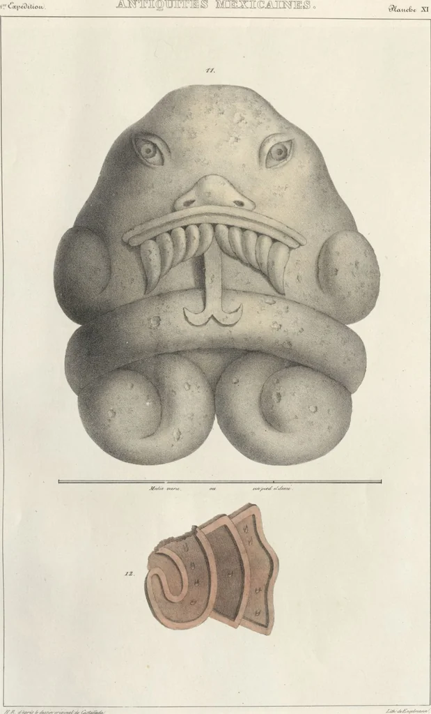 An illustration from Antiquités mexicaines : relation des trois expéditions du capitaine Dupaix, ordonnées en 1805, 1806, et 1807, pour la recherche des antiquités du pays, notamment celles de Mitla et de Palenque : [atlas] / accompagnée des dessins de Castañeda et d'une carte du pays exploré ; suivie d'un parallèle de ces monuments avec ceux de l'Égypte, de l'Indostan, et du reste de l'ancien monde, par M. Alexandre Lenoir, d'une dissertation sur l'origine de l'ancienne population des deux Amériques et sur les diverses antiquités de ce continent, par M. Warden, avec un discours préliminaire par M. Charles Farcy, et des notes explicatives, et autres documents, par MM. Baradère, de St. Priest, et plusieurs voyageurs que ont parcouru l'Amérique, 1834, leaf 13