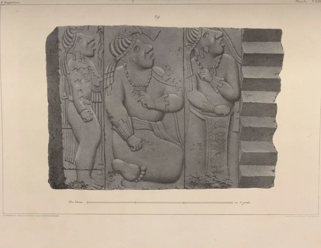 An illustration from Antiquités mexicaines : relation des trois expéditions du capitaine Dupaix, ordonnées en 1805, 1806, et 1807, pour la recherche des antiquités du pays, notamment celles de Mitla et de Palenque : [atlas] / accompagnée des dessins de Castañeda et d'une carte du pays exploré ; suivie d'un parallèle de ces monuments avec ceux de l'Égypte, de l'Indostan, et du reste de l'ancien monde, par M. Alexandre Lenoir, d'une dissertation sur l'origine de l'ancienne population des deux Amériques et sur les diverses antiquités de ce continent, par M. Warden, avec un discours préliminaire par M. Charles Farcy, et des notes explicatives, et autres documents, par MM. Baradère, de St. Priest, et plusieurs voyageurs que ont parcouru l'Amérique, 1834, leaf 130