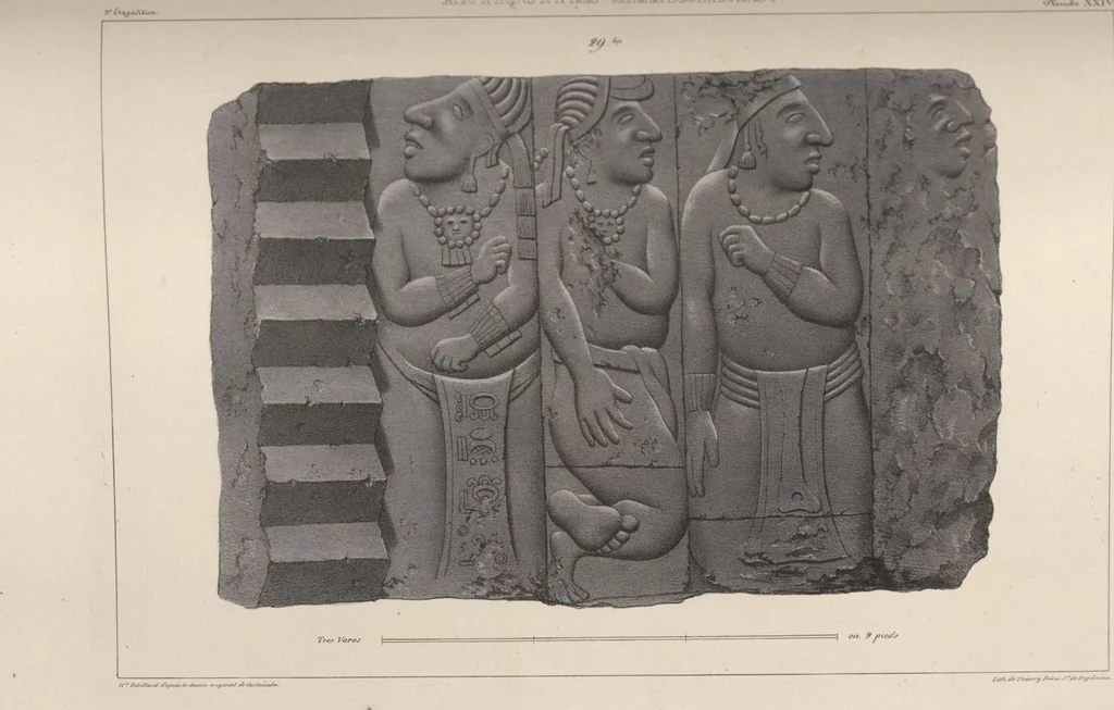 An illustration from Antiquités mexicaines : relation des trois expéditions du capitaine Dupaix, ordonnées en 1805, 1806, et 1807, pour la recherche des antiquités du pays, notamment celles de Mitla et de Palenque : [atlas] / accompagnée des dessins de Castañeda et d'une carte du pays exploré ; suivie d'un parallèle de ces monuments avec ceux de l'Égypte, de l'Indostan, et du reste de l'ancien monde, par M. Alexandre Lenoir, d'une dissertation sur l'origine de l'ancienne population des deux Amériques et sur les diverses antiquités de ce continent, par M. Warden, avec un discours préliminaire par M. Charles Farcy, et des notes explicatives, et autres documents, par MM. Baradère, de St. Priest, et plusieurs voyageurs que ont parcouru l'Amérique, 1834, leaf 131