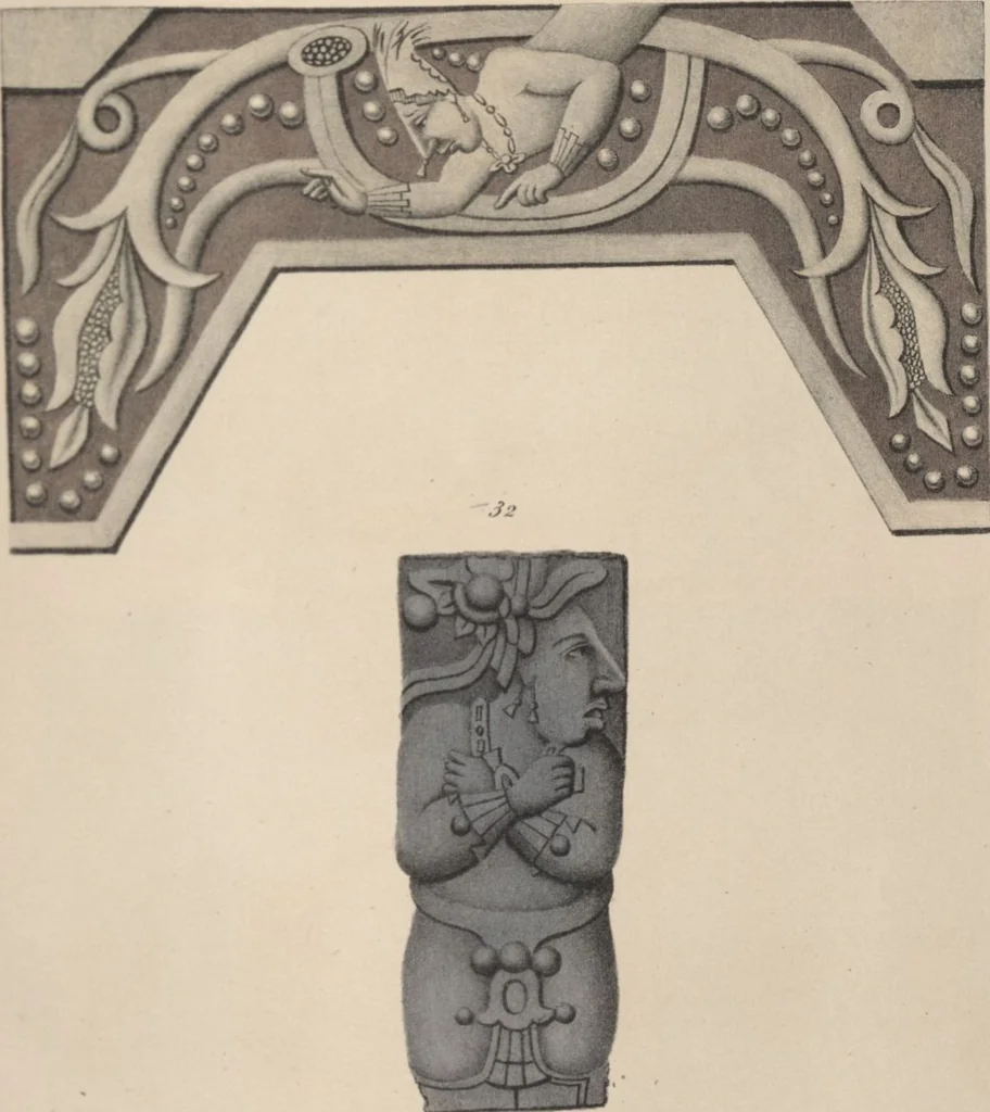 An illustration from Antiquités mexicaines : relation des trois expéditions du capitaine Dupaix, ordonnées en 1805, 1806, et 1807, pour la recherche des antiquités du pays, notamment celles de Mitla et de Palenque : [atlas] / accompagnée des dessins de Castañeda et d'une carte du pays exploré ; suivie d'un parallèle de ces monuments avec ceux de l'Égypte, de l'Indostan, et du reste de l'ancien monde, par M. Alexandre Lenoir, d'une dissertation sur l'origine de l'ancienne population des deux Amériques et sur les diverses antiquités de ce continent, par M. Warden, avec un discours préliminaire par M. Charles Farcy, et des notes explicatives, et autres documents, par MM. Baradère, de St. Priest, et plusieurs voyageurs que ont parcouru l'Amérique, 1834, leaf 132