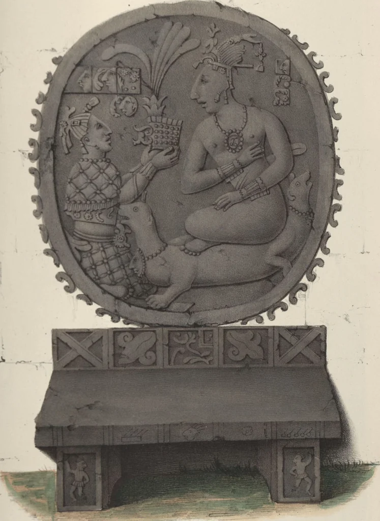 An illustration from Antiquités mexicaines : relation des trois expéditions du capitaine Dupaix, ordonnées en 1805, 1806, et 1807, pour la recherche des antiquités du pays, notamment celles de Mitla et de Palenque : [atlas] / accompagnée des dessins de Castañeda et d'une carte du pays exploré ; suivie d'un parallèle de ces monuments avec ceux de l'Égypte, de l'Indostan, et du reste de l'ancien monde, par M. Alexandre Lenoir, d'une dissertation sur l'origine de l'ancienne population des deux Amériques et sur les diverses antiquités de ce continent, par M. Warden, avec un discours préliminaire par M. Charles Farcy, et des notes explicatives, et autres documents, par MM. Baradère, de St. Priest, et plusieurs voyageurs que ont parcouru l'Amérique, 1834, leaf 133