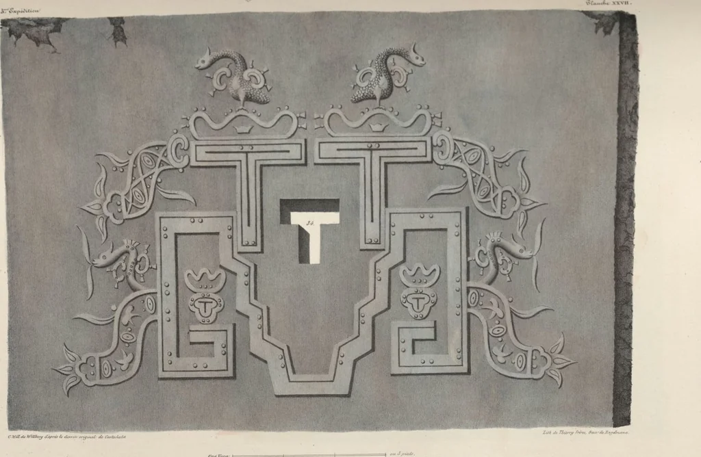 An illustration from Antiquités mexicaines : relation des trois expéditions du capitaine Dupaix, ordonnées en 1805, 1806, et 1807, pour la recherche des antiquités du pays, notamment celles de Mitla et de Palenque : [atlas] / accompagnée des dessins de Castañeda et d'une carte du pays exploré ; suivie d'un parallèle de ces monuments avec ceux de l'Égypte, de l'Indostan, et du reste de l'ancien monde, par M. Alexandre Lenoir, d'une dissertation sur l'origine de l'ancienne population des deux Amériques et sur les diverses antiquités de ce continent, par M. Warden, avec un discours préliminaire par M. Charles Farcy, et des notes explicatives, et autres documents, par MM. Baradère, de St. Priest, et plusieurs voyageurs que ont parcouru l'Amérique, 1834, leaf 134