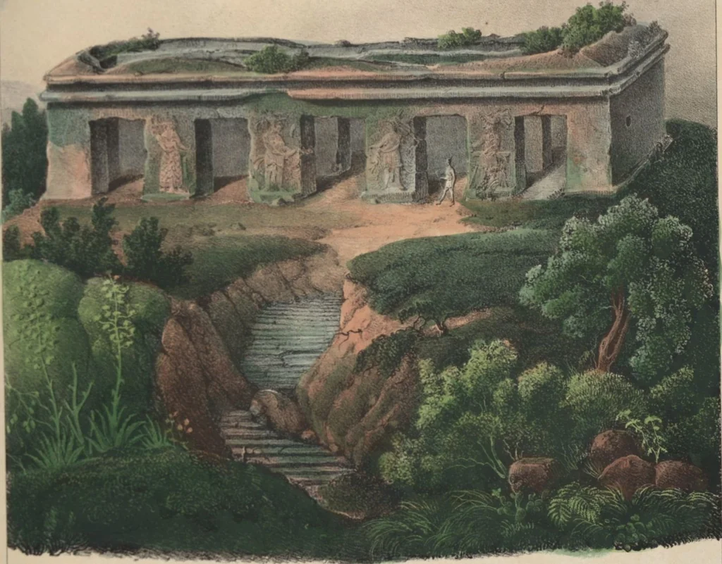 An illustration from Antiquités mexicaines : relation des trois expéditions du capitaine Dupaix, ordonnées en 1805, 1806, et 1807, pour la recherche des antiquités du pays, notamment celles de Mitla et de Palenque : [atlas] / accompagnée des dessins de Castañeda et d'une carte du pays exploré ; suivie d'un parallèle de ces monuments avec ceux de l'Égypte, de l'Indostan, et du reste de l'ancien monde, par M. Alexandre Lenoir, d'une dissertation sur l'origine de l'ancienne population des deux Amériques et sur les diverses antiquités de ce continent, par M. Warden, avec un discours préliminaire par M. Charles Farcy, et des notes explicatives, et autres documents, par MM. Baradère, de St. Priest, et plusieurs voyageurs que ont parcouru l'Amérique, 1834, leaf 135
