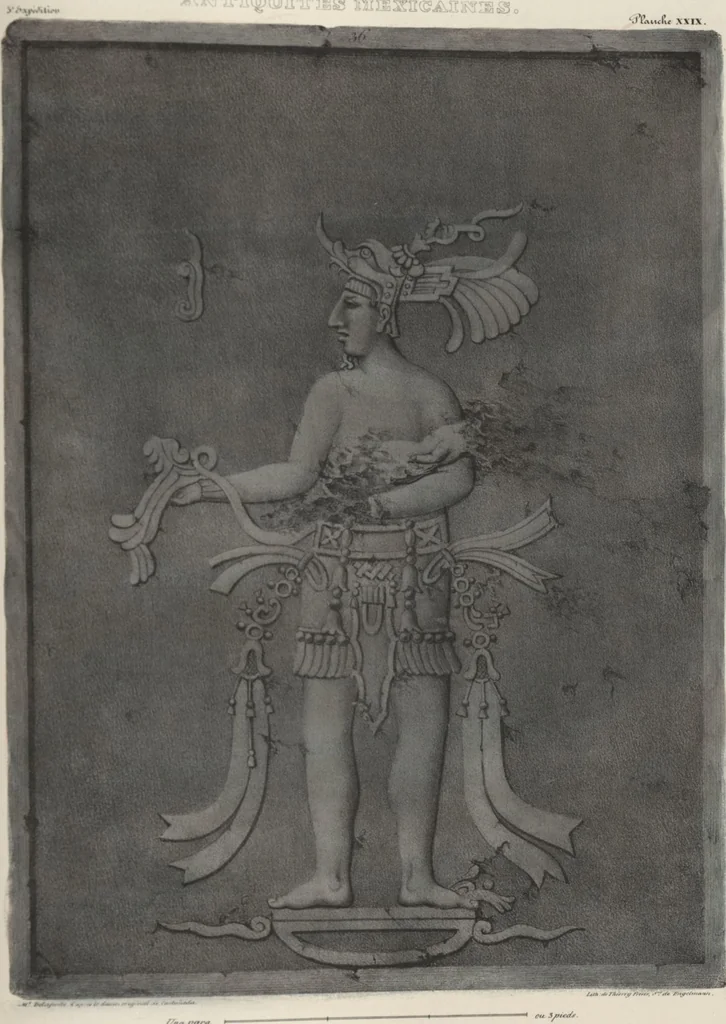 An illustration from Antiquités mexicaines : relation des trois expéditions du capitaine Dupaix, ordonnées en 1805, 1806, et 1807, pour la recherche des antiquités du pays, notamment celles de Mitla et de Palenque : [atlas] / accompagnée des dessins de Castañeda et d'une carte du pays exploré ; suivie d'un parallèle de ces monuments avec ceux de l'Égypte, de l'Indostan, et du reste de l'ancien monde, par M. Alexandre Lenoir, d'une dissertation sur l'origine de l'ancienne population des deux Amériques et sur les diverses antiquités de ce continent, par M. Warden, avec un discours préliminaire par M. Charles Farcy, et des notes explicatives, et autres documents, par MM. Baradère, de St. Priest, et plusieurs voyageurs que ont parcouru l'Amérique, 1834, leaf 136