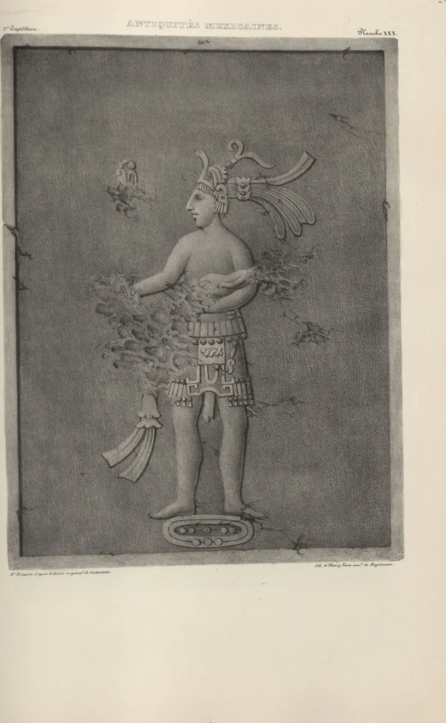 An illustration from Antiquités mexicaines : relation des trois expéditions du capitaine Dupaix, ordonnées en 1805, 1806, et 1807, pour la recherche des antiquités du pays, notamment celles de Mitla et de Palenque : [atlas] / accompagnée des dessins de Castañeda et d'une carte du pays exploré ; suivie d'un parallèle de ces monuments avec ceux de l'Égypte, de l'Indostan, et du reste de l'ancien monde, par M. Alexandre Lenoir, d'une dissertation sur l'origine de l'ancienne population des deux Amériques et sur les diverses antiquités de ce continent, par M. Warden, avec un discours préliminaire par M. Charles Farcy, et des notes explicatives, et autres documents, par MM. Baradère, de St. Priest, et plusieurs voyageurs que ont parcouru l'Amérique, 1834, leaf 137