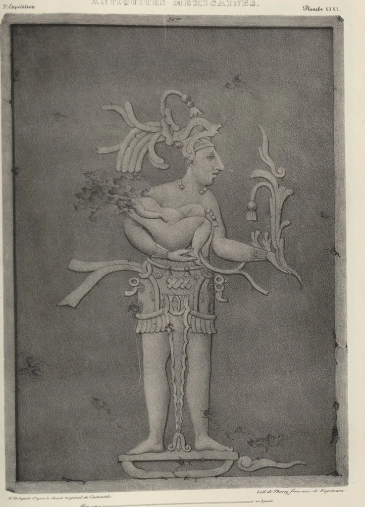 An illustration from Antiquités mexicaines : relation des trois expéditions du capitaine Dupaix, ordonnées en 1805, 1806, et 1807, pour la recherche des antiquités du pays, notamment celles de Mitla et de Palenque : [atlas] / accompagnée des dessins de Castañeda et d'une carte du pays exploré ; suivie d'un parallèle de ces monuments avec ceux de l'Égypte, de l'Indostan, et du reste de l'ancien monde, par M. Alexandre Lenoir, d'une dissertation sur l'origine de l'ancienne population des deux Amériques et sur les diverses antiquités de ce continent, par M. Warden, avec un discours préliminaire par M. Charles Farcy, et des notes explicatives, et autres documents, par MM. Baradère, de St. Priest, et plusieurs voyageurs que ont parcouru l'Amérique, 1834, leaf 138