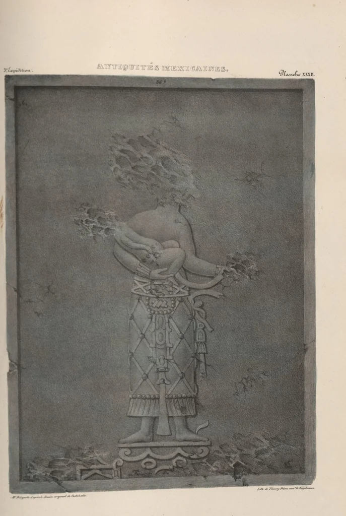 An illustration from Antiquités mexicaines : relation des trois expéditions du capitaine Dupaix, ordonnées en 1805, 1806, et 1807, pour la recherche des antiquités du pays, notamment celles de Mitla et de Palenque : [atlas] / accompagnée des dessins de Castañeda et d'une carte du pays exploré ; suivie d'un parallèle de ces monuments avec ceux de l'Égypte, de l'Indostan, et du reste de l'ancien monde, par M. Alexandre Lenoir, d'une dissertation sur l'origine de l'ancienne population des deux Amériques et sur les diverses antiquités de ce continent, par M. Warden, avec un discours préliminaire par M. Charles Farcy, et des notes explicatives, et autres documents, par MM. Baradère, de St. Priest, et plusieurs voyageurs que ont parcouru l'Amérique, 1834, leaf 139