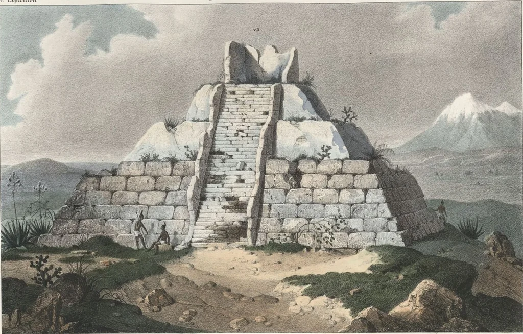 An illustration from Antiquités mexicaines : relation des trois expéditions du capitaine Dupaix, ordonnées en 1805, 1806, et 1807, pour la recherche des antiquités du pays, notamment celles de Mitla et de Palenque : [atlas] / accompagnée des dessins de Castañeda et d'une carte du pays exploré ; suivie d'un parallèle de ces monuments avec ceux de l'Égypte, de l'Indostan, et du reste de l'ancien monde, par M. Alexandre Lenoir, d'une dissertation sur l'origine de l'ancienne population des deux Amériques et sur les diverses antiquités de ce continent, par M. Warden, avec un discours préliminaire par M. Charles Farcy, et des notes explicatives, et autres documents, par MM. Baradère, de St. Priest, et plusieurs voyageurs que ont parcouru l'Amérique, 1834, leaf 14